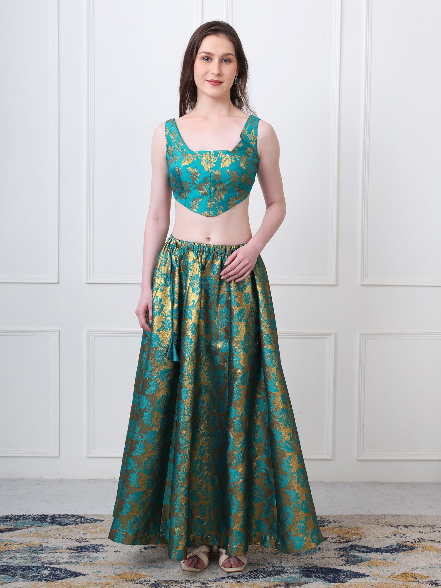 Green Brocade Padded Sleeveless Corset Blouse