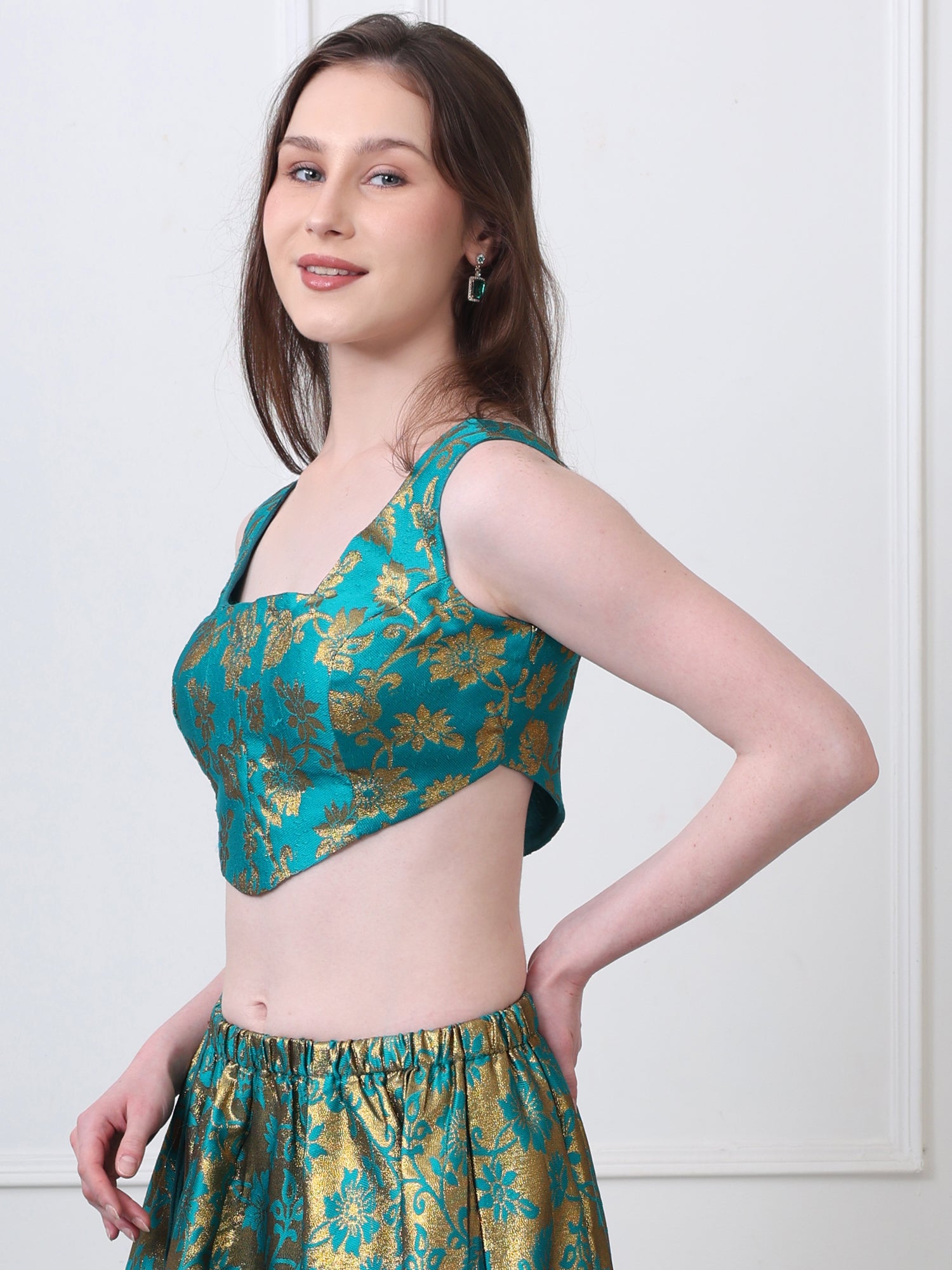 Green Brocade Padded Sleeveless Corset Blouse