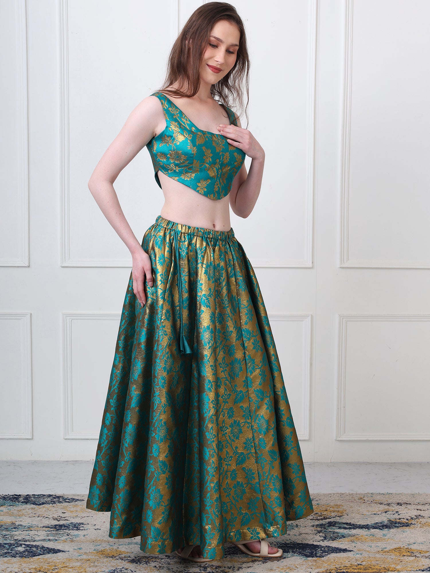 Green Jacquard Floral Anarkali Skirt