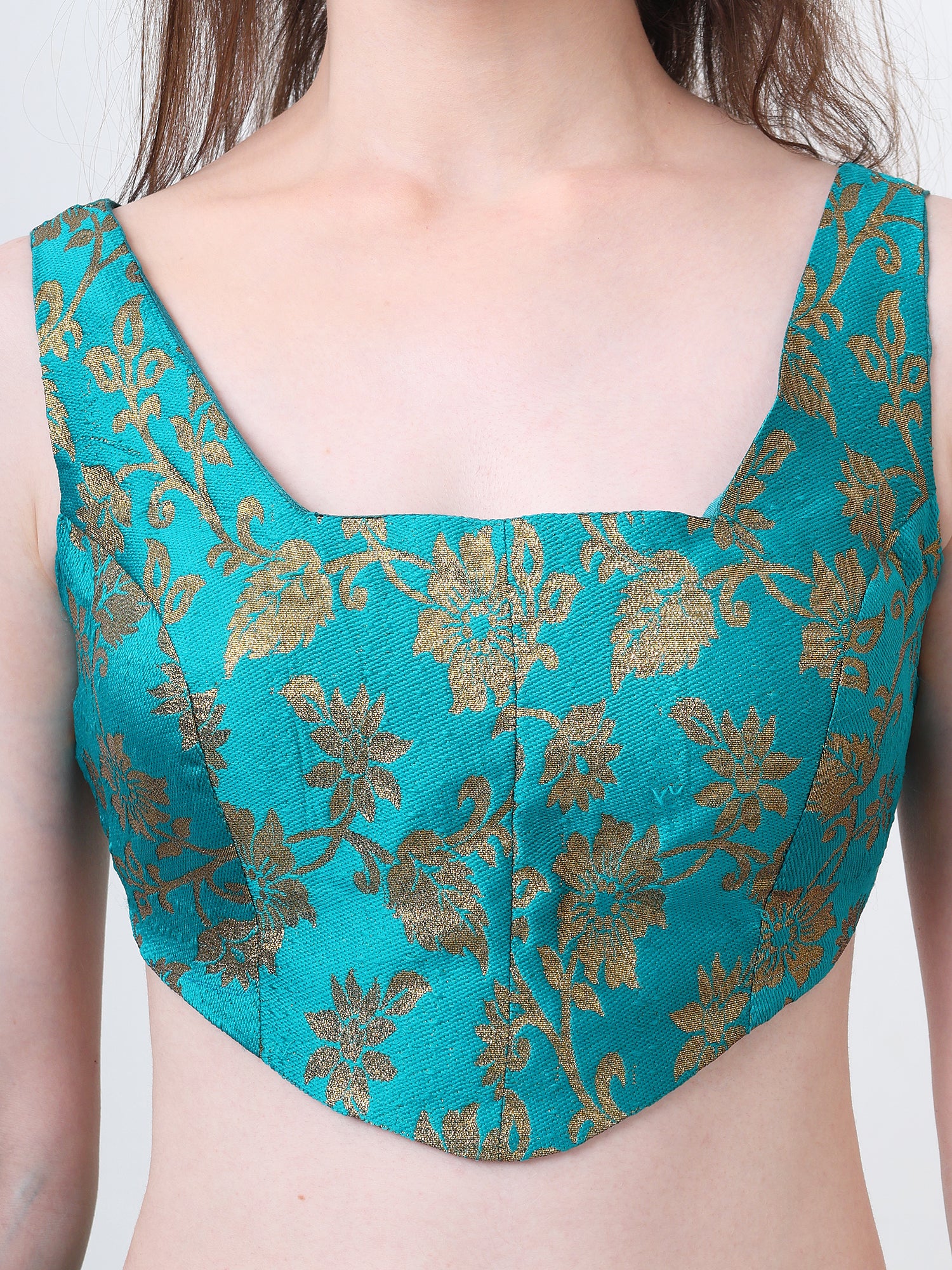 Green Brocade Padded Sleeveless Corset Blouse