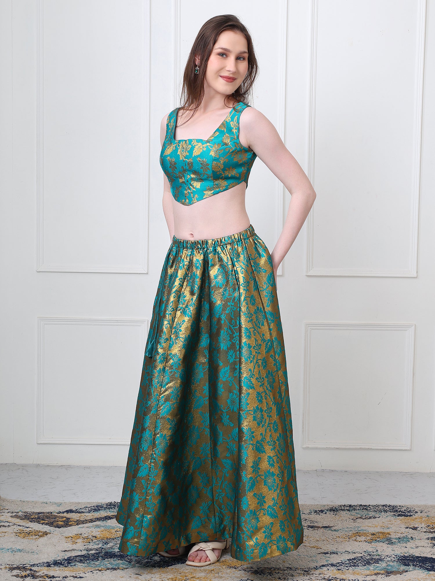 Green Jacquard Floral Anarkali Skirt