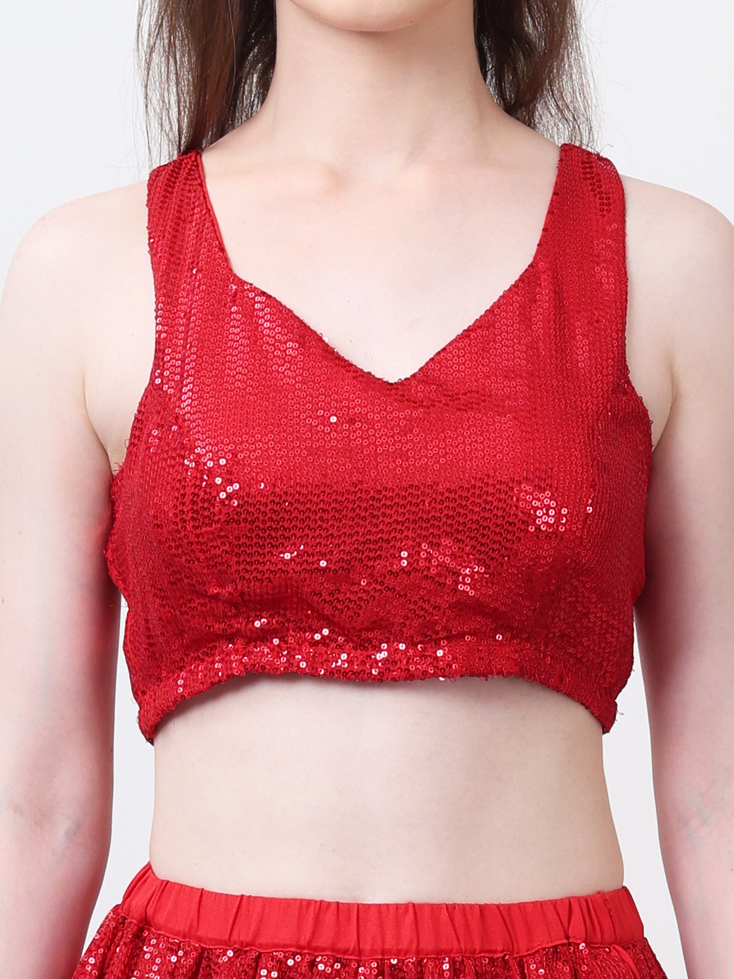 Red Sequinned Padded Sleeveless Blouse