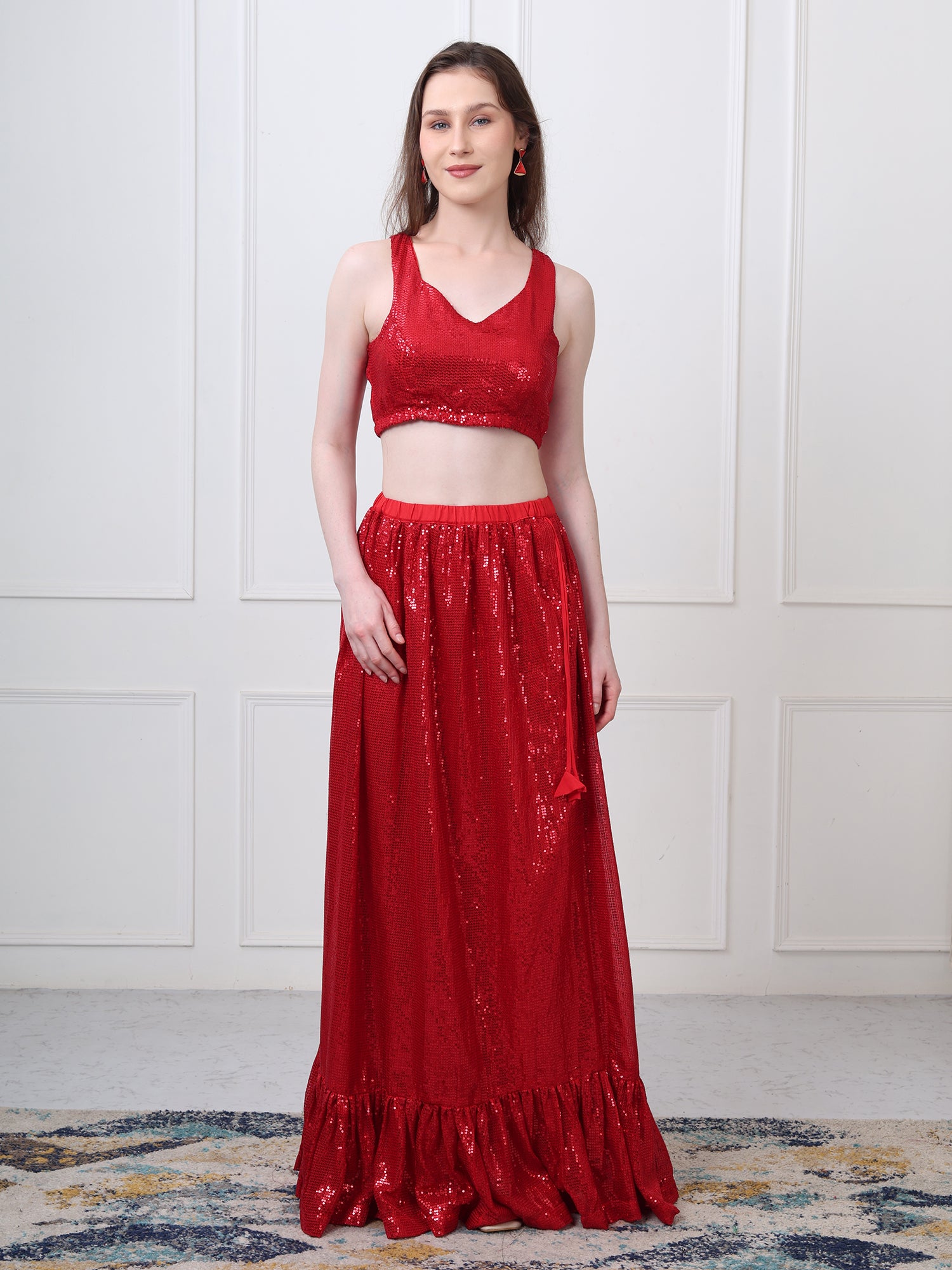 Red Sequinned Padded Sleeveless Blouse