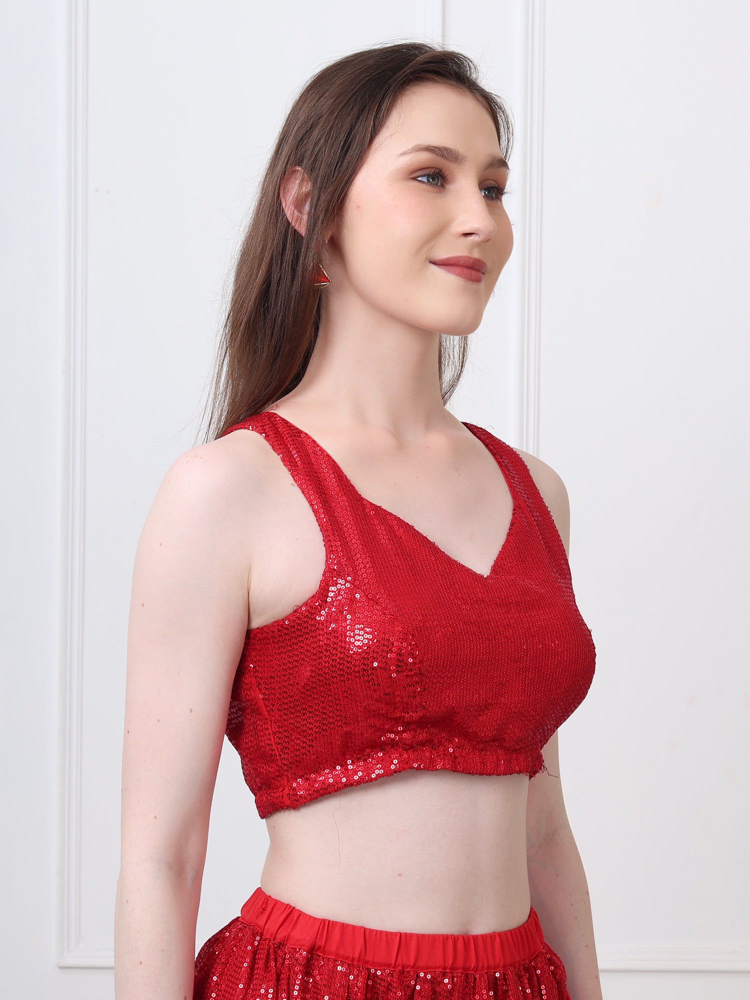 Red Sequinned Padded Sleeveless Blouse