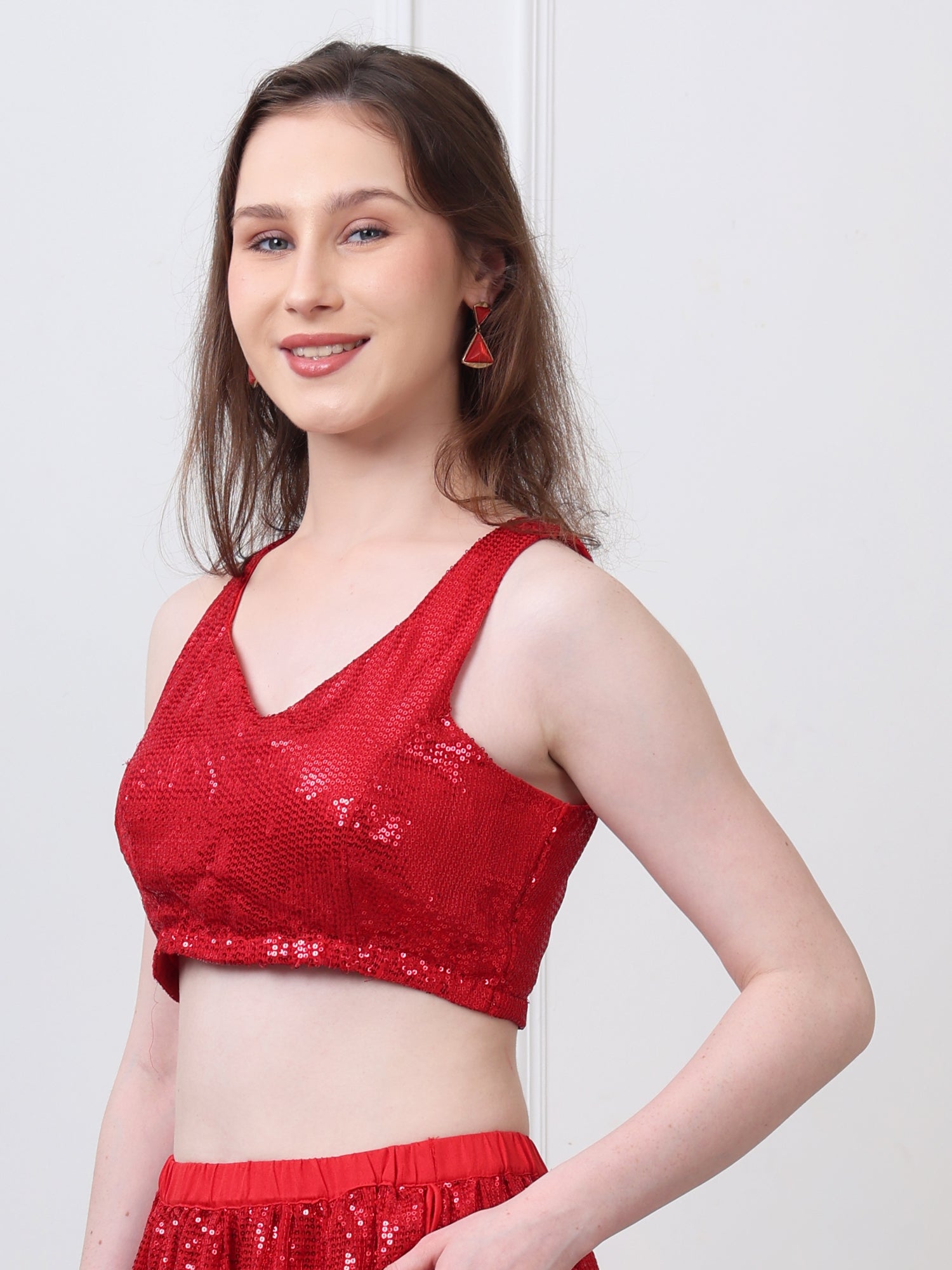 Red Sequinned Padded Sleeveless Blouse