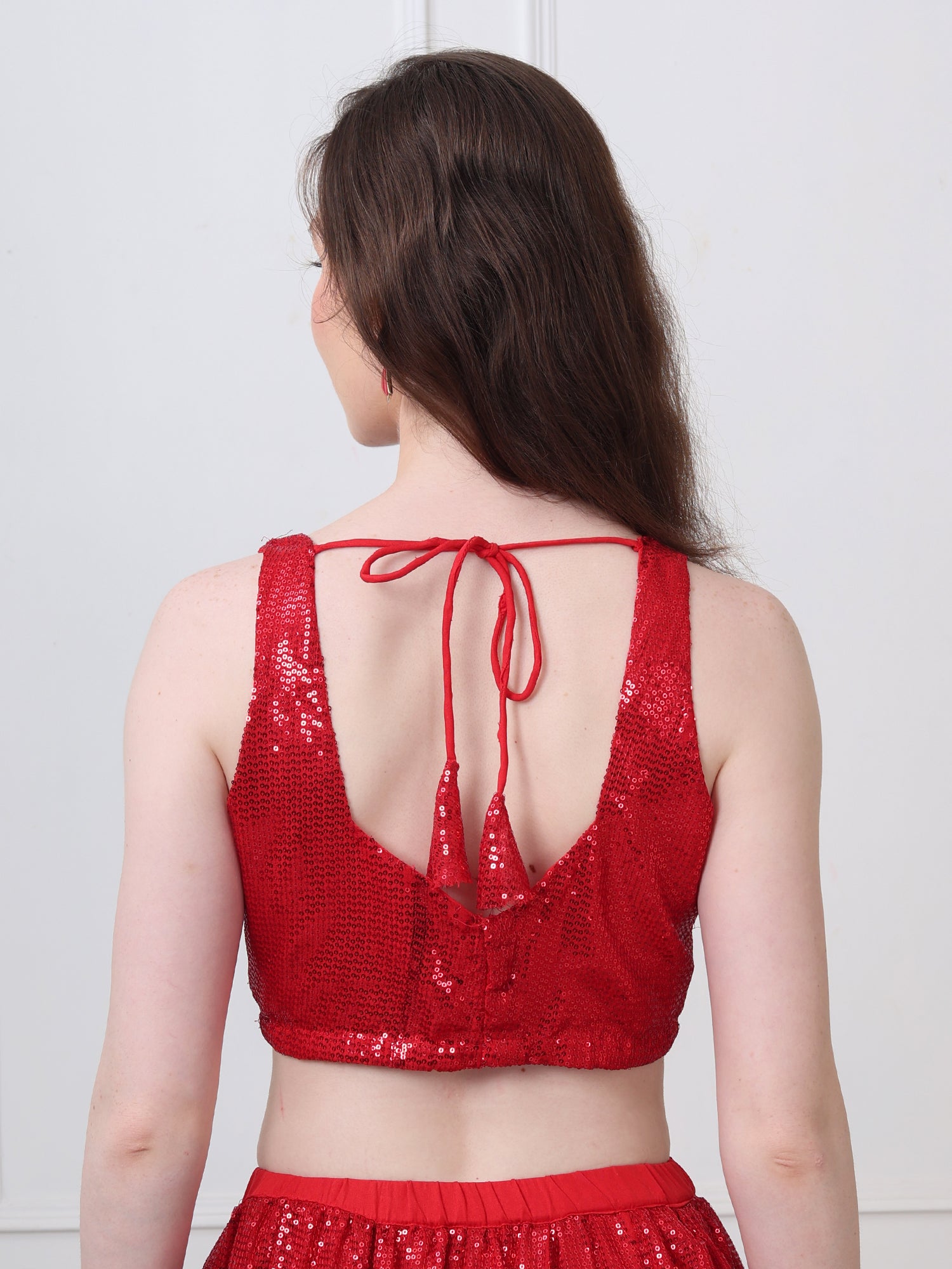 Red Sequinned Padded Sleeveless Blouse