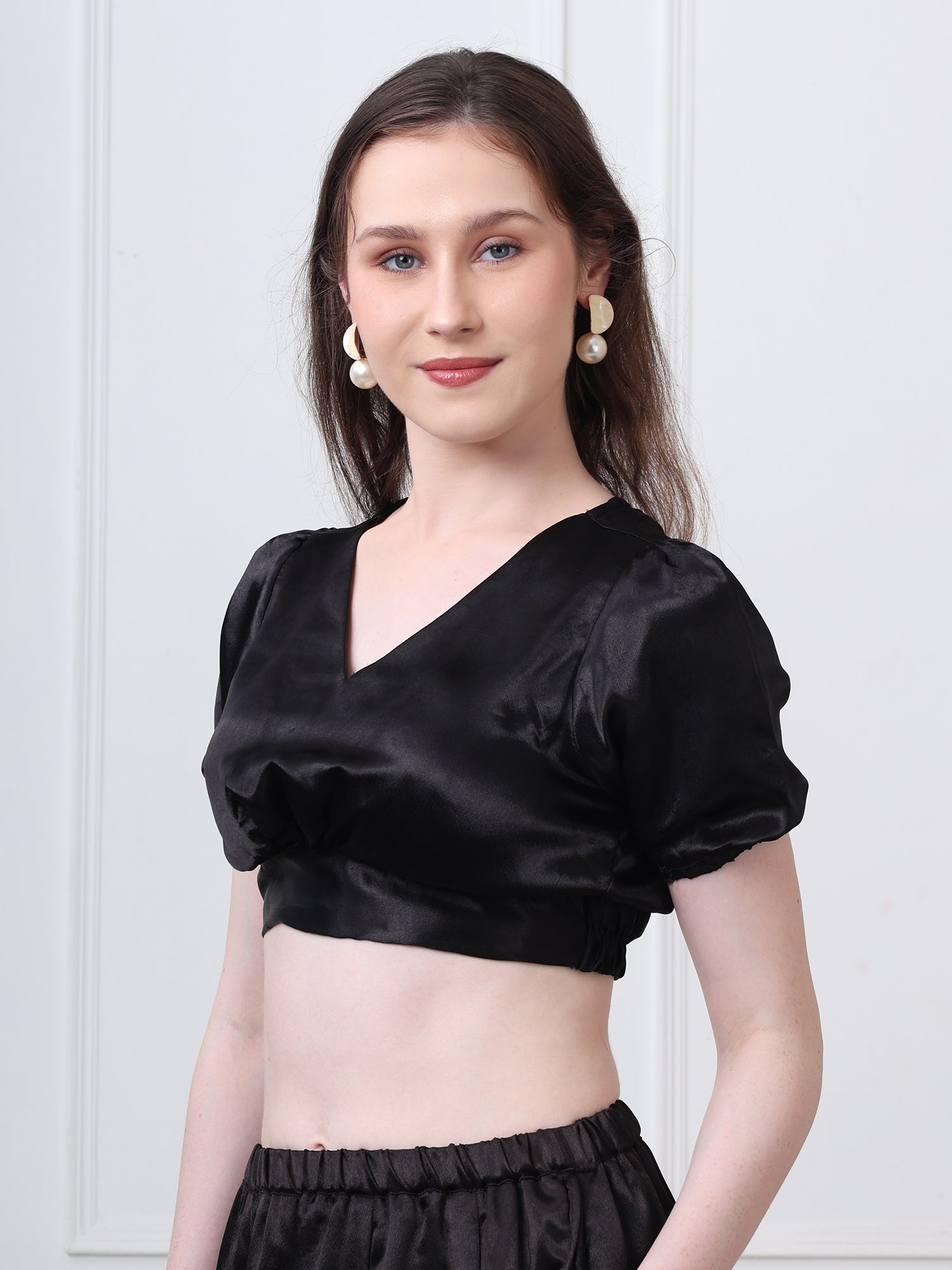 Black Silk Blend V-Neck Puff Sleeves Blouse