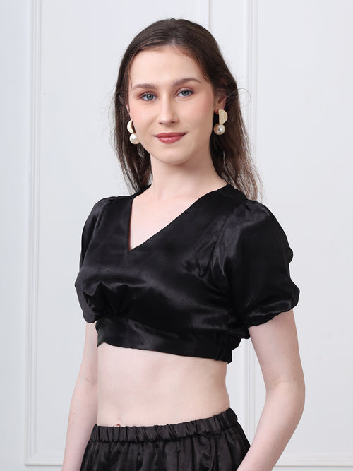 Black Silk Blend V-Neck Puff Sleeves Blouse