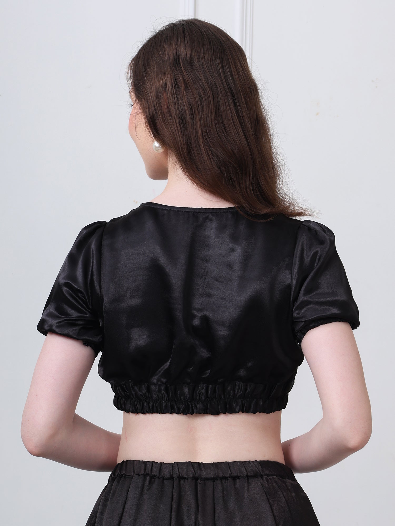Black Silk Blend V-Neck Puff Sleeves Blouse