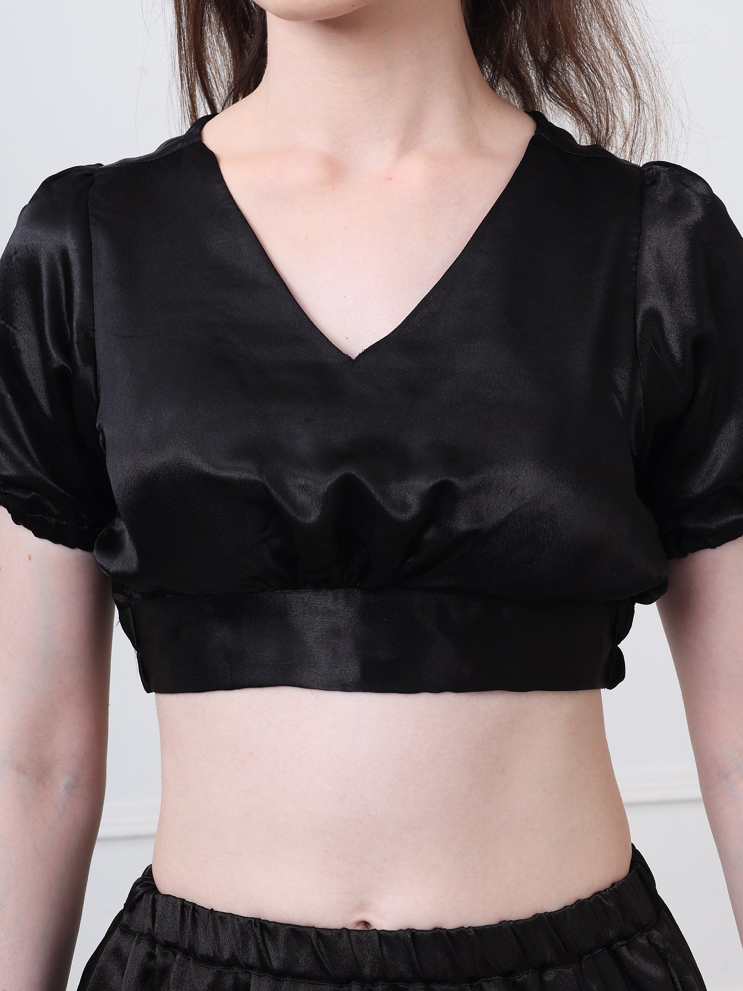 Black Silk Blend V-Neck Puff Sleeves Blouse