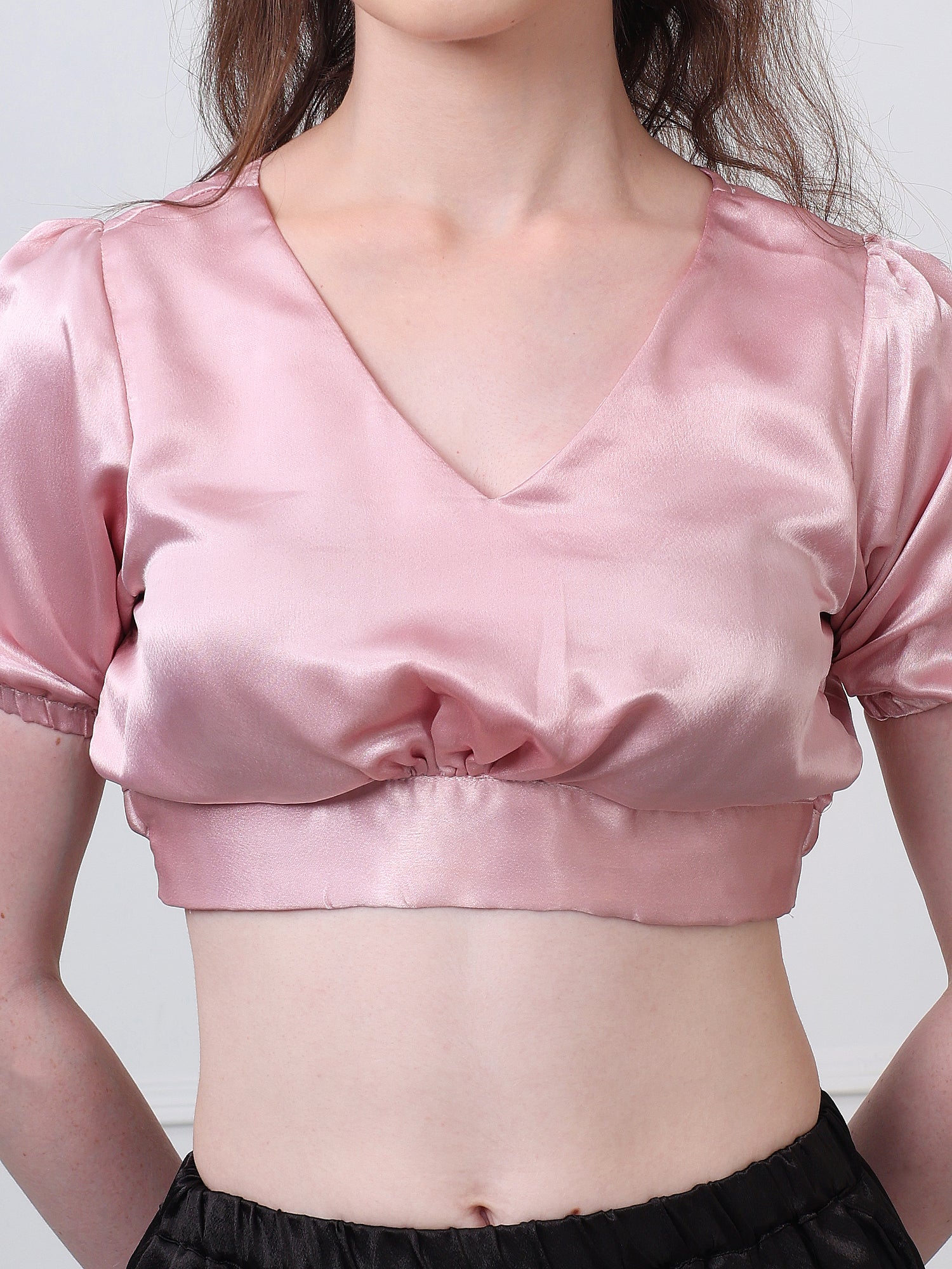 Peach Silk Blend V-Neck Puff Sleeves Blouse