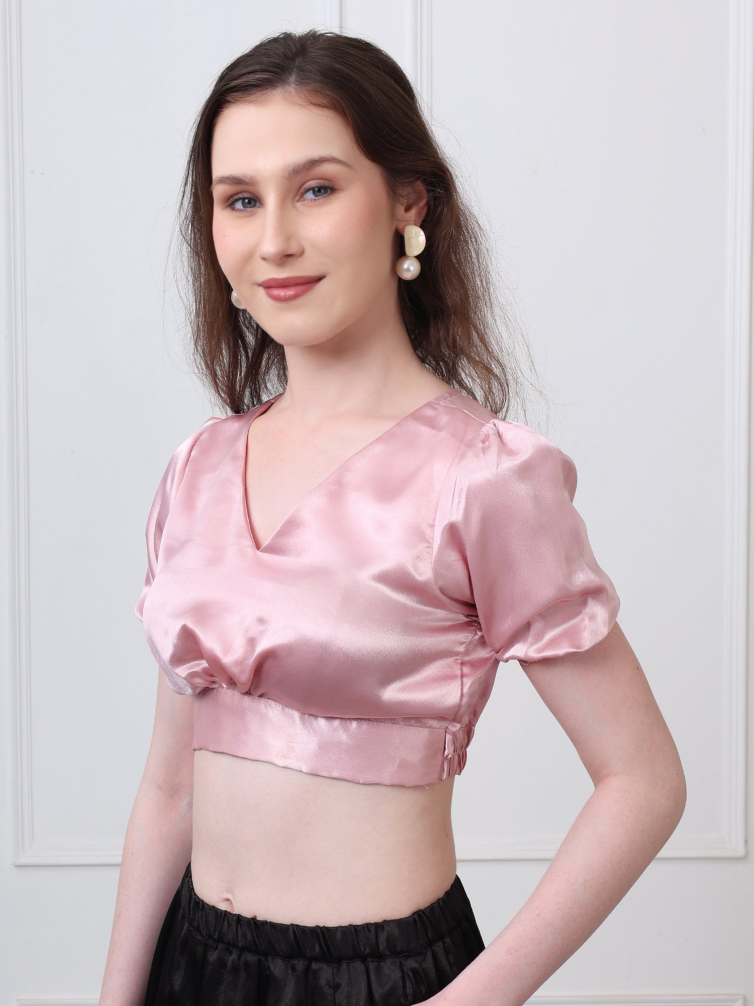 Peach Silk Blend V-Neck Puff Sleeves Blouse