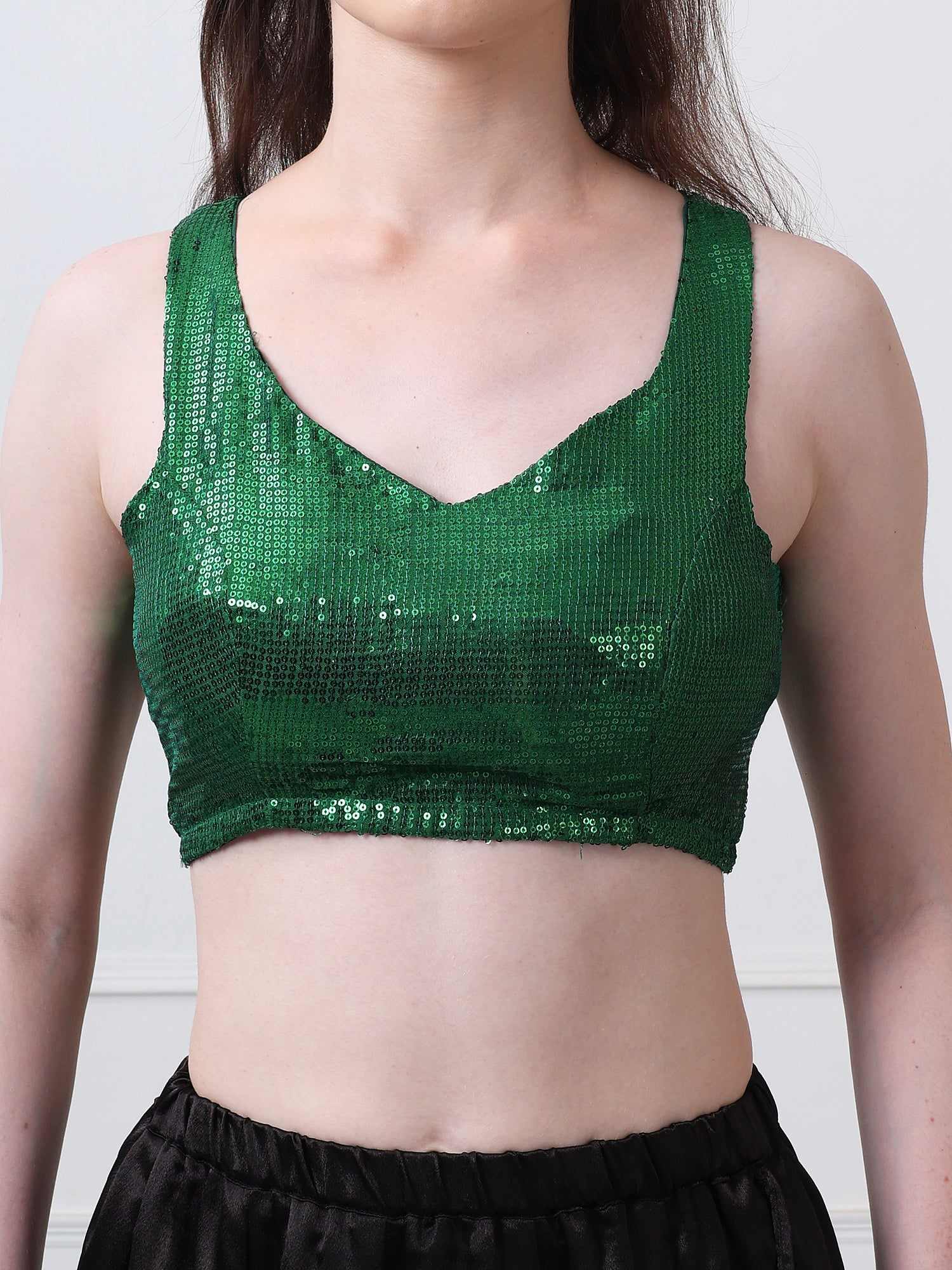 Green Sequinned Padded Sleeveless Blouse