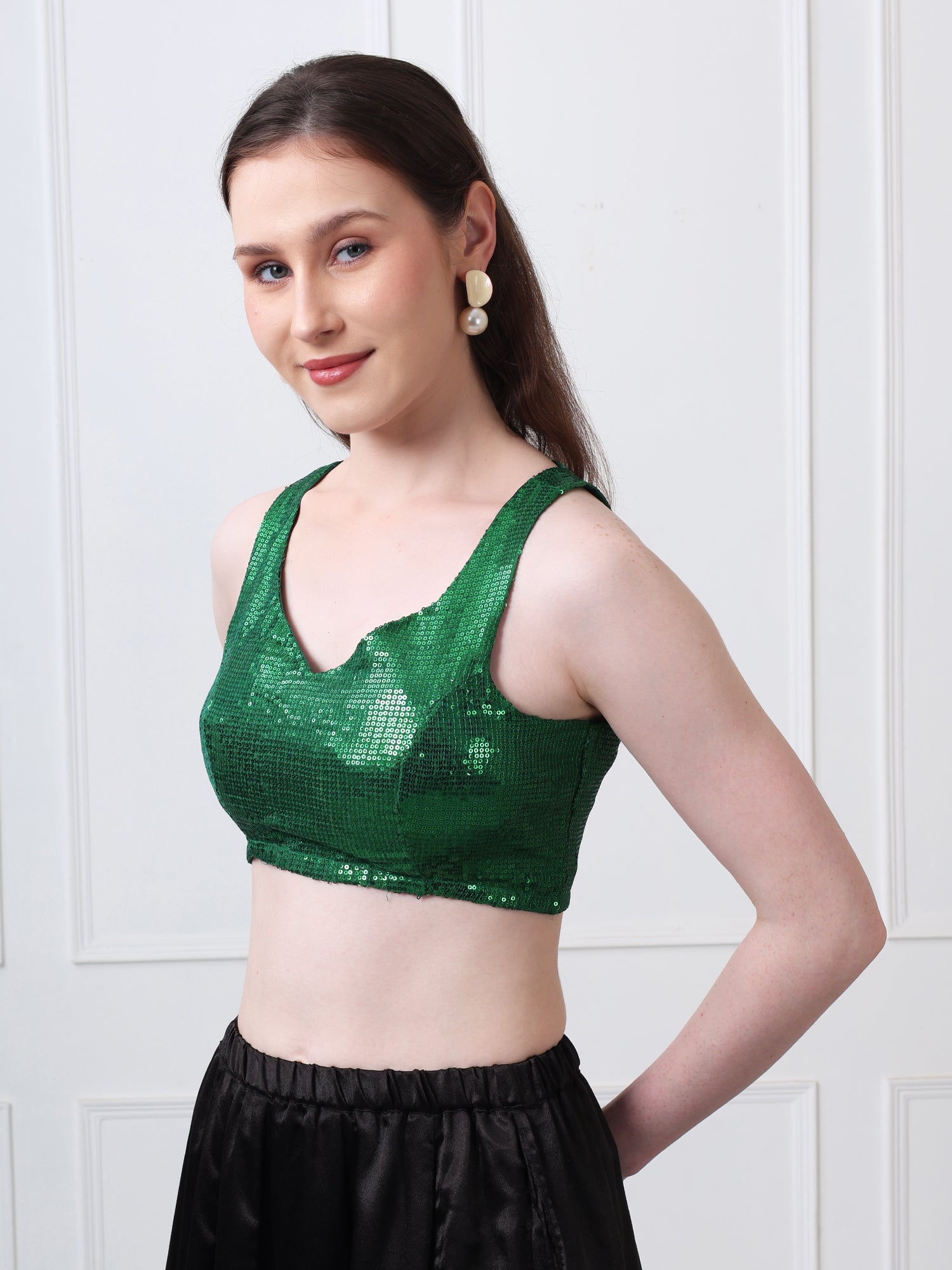 Green Sequinned Padded Sleeveless Blouse