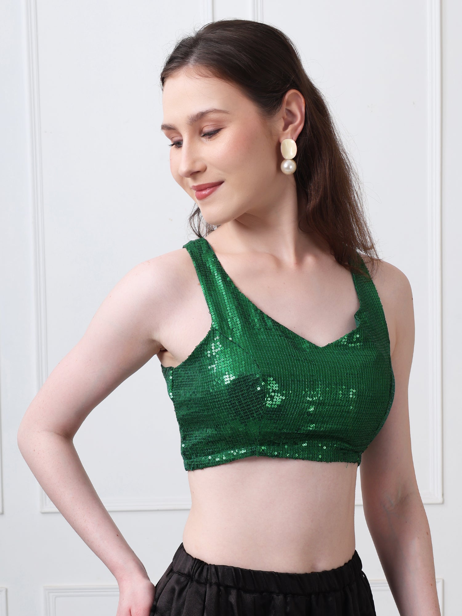 Green Sequinned Padded Sleeveless Blouse