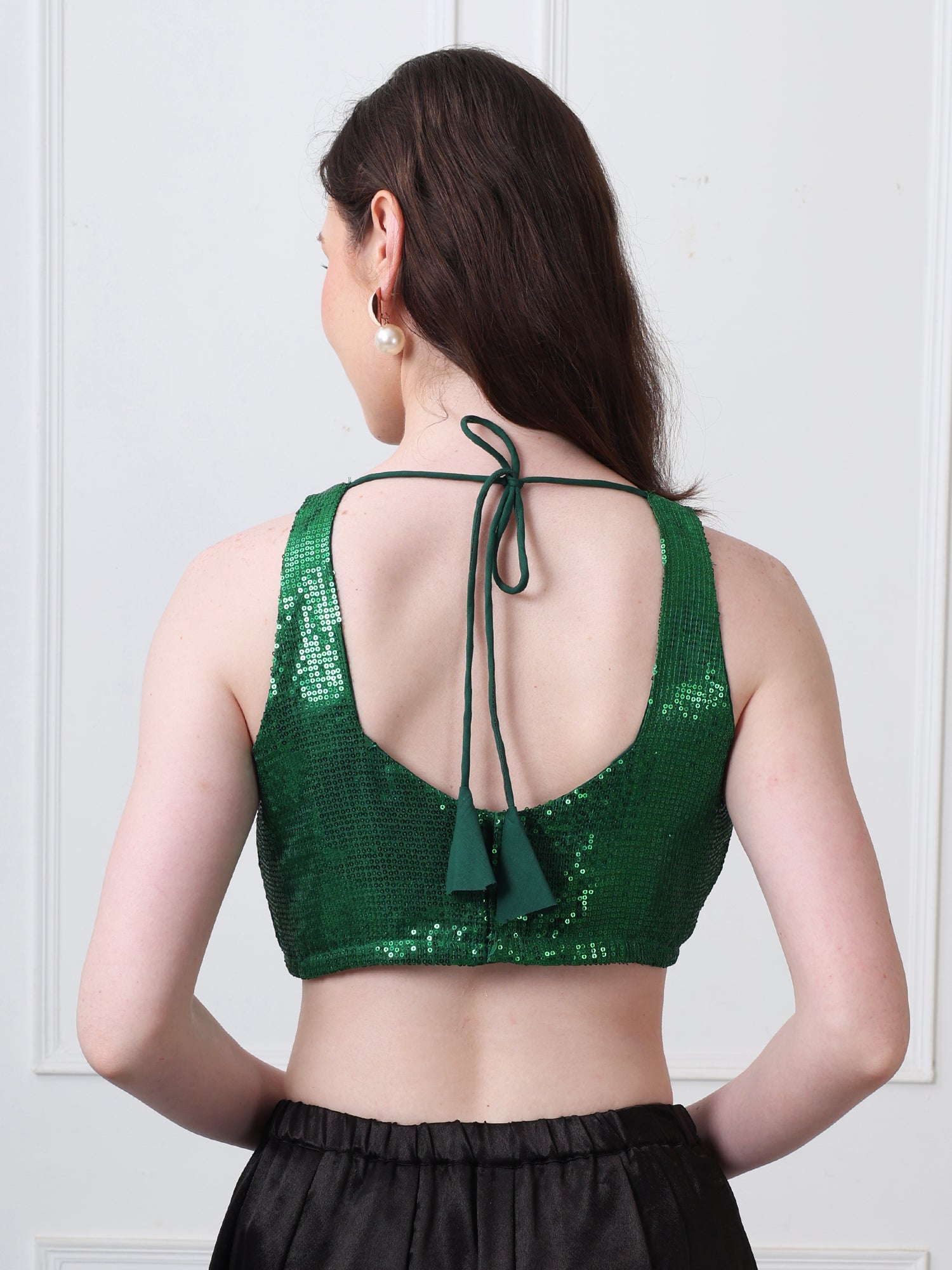 Green Sequinned Padded Sleeveless Blouse