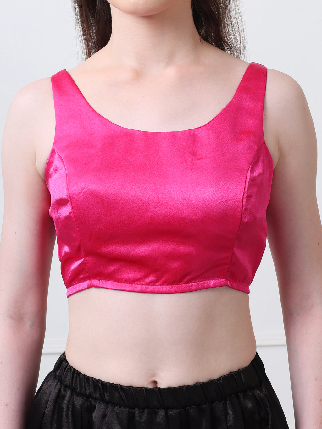 Fuschia Satin Silk Solid Sleeveless Padded Blouse