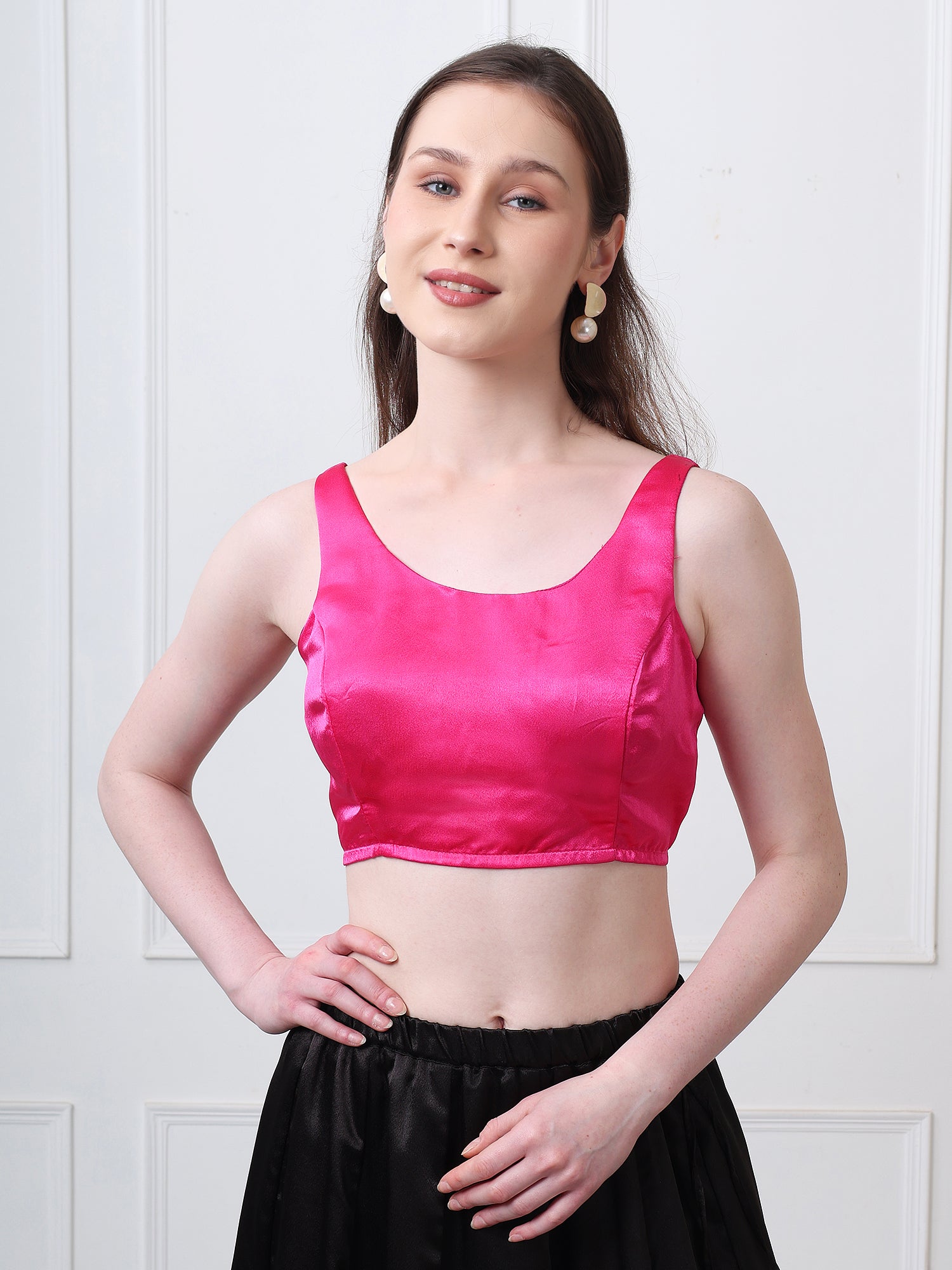 Fuschia Satin Silk Solid Sleeveless Padded Blouse