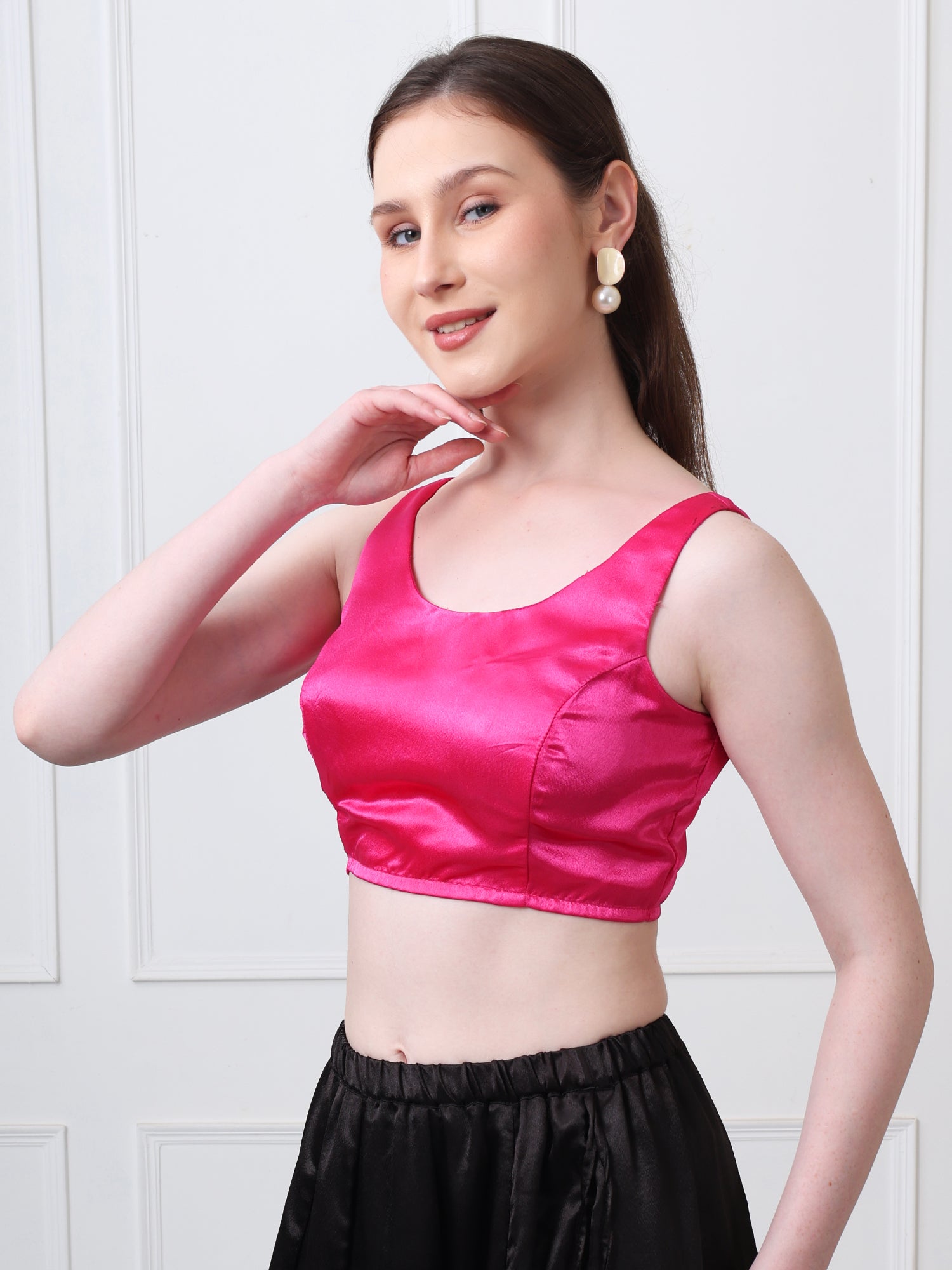 Fuschia Satin Silk Solid Sleeveless Padded Blouse
