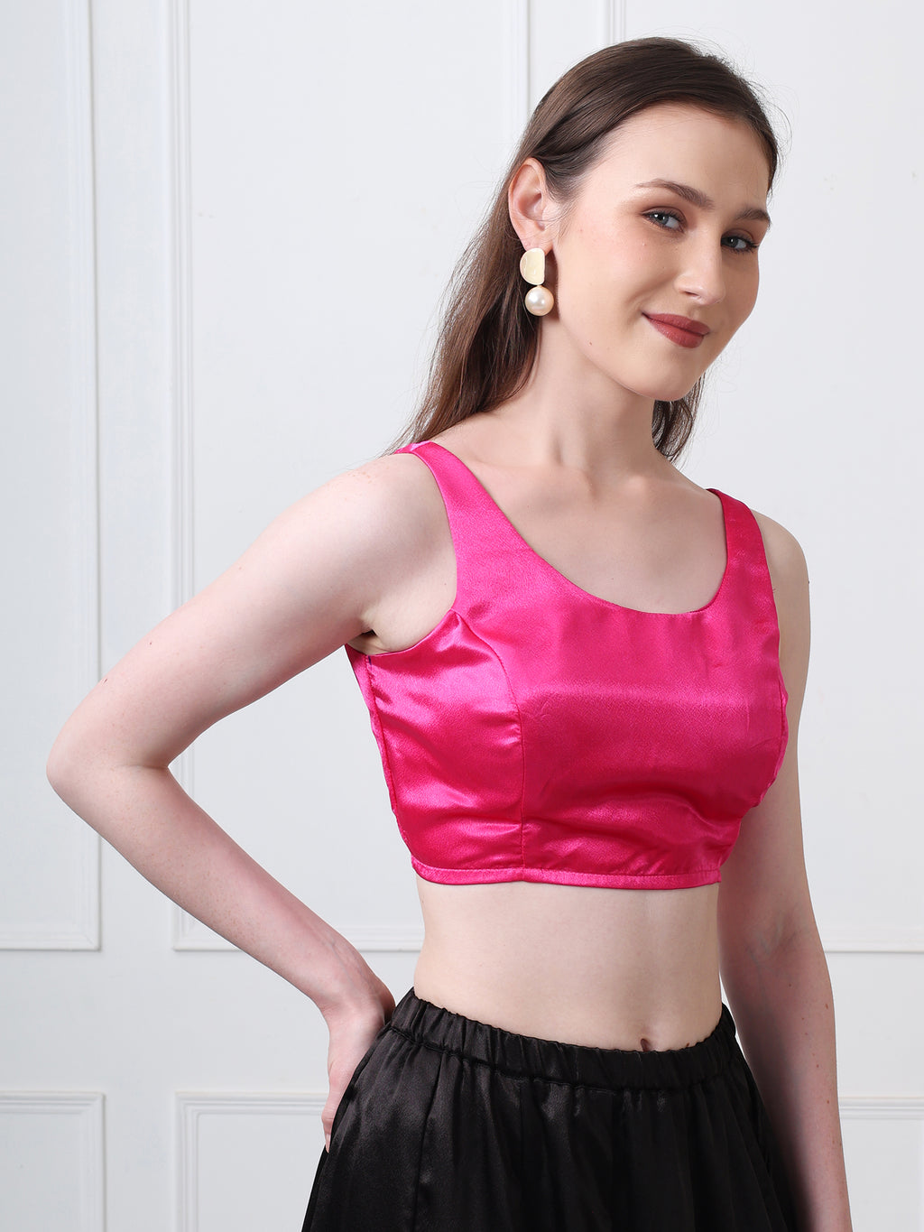 Fuschia Satin Silk Solid Sleeveless Padded Blouse